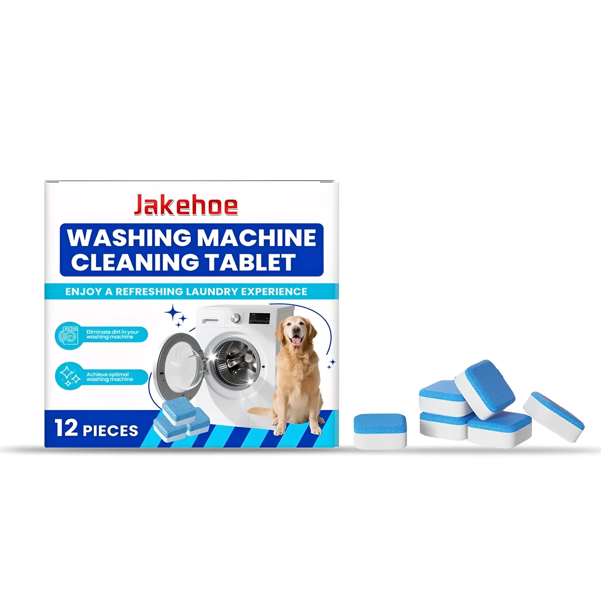 12 washing machine cleaning tablets with ingredient list on packaging