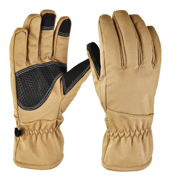 Tactical camouflage ski gloves with touch screen fingertips and anti-slip grip surface