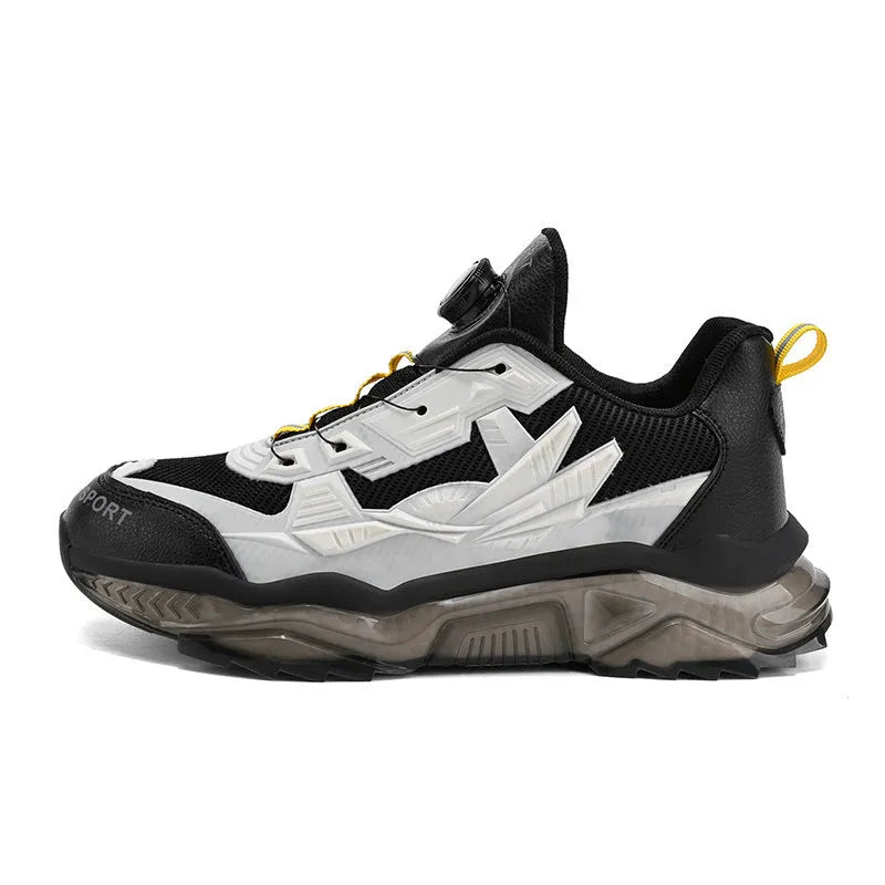 Men's black rotating button casual dad shoes with mesh upper and low platform sole.
