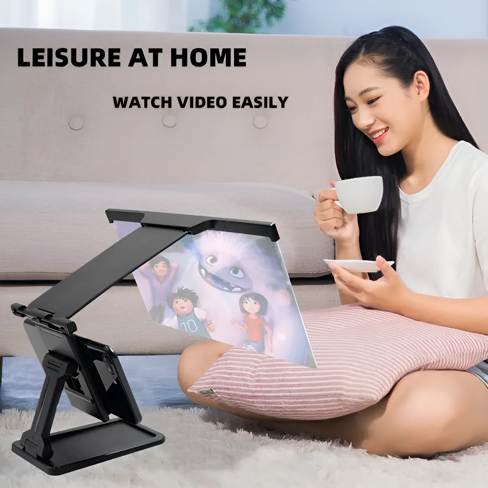 Black folding mobile phone screen amplifier with detachable holder showing 12-inch curved magnifier