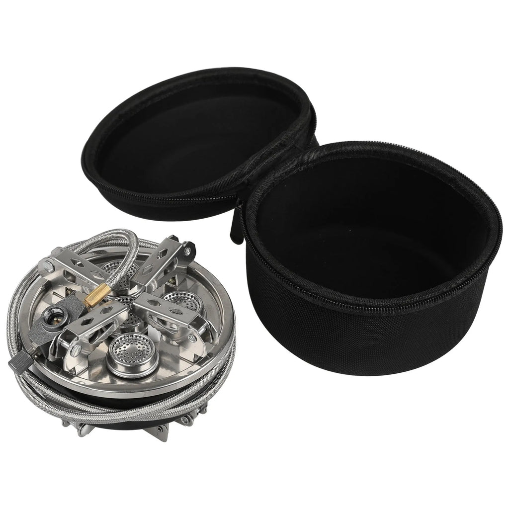 Silver portable split camping stove made of stainless steel and copper, shown in folded position.