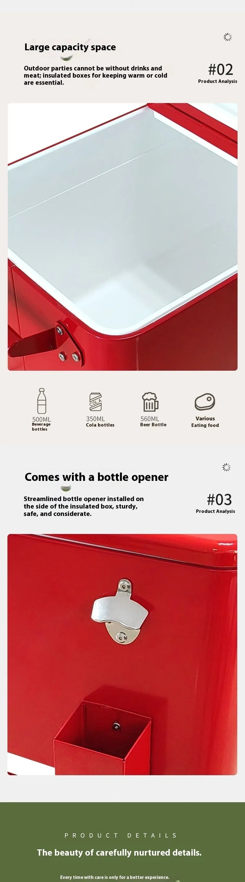 Red outdoor metal insulated trolley with 750ml cooling box for picnics