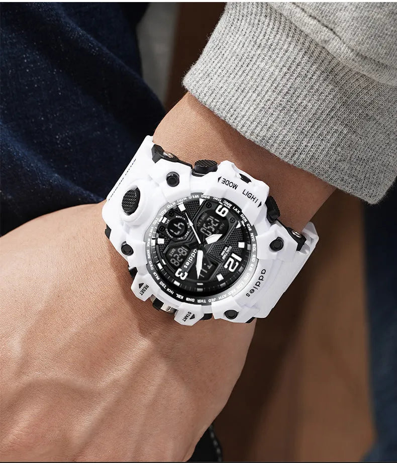 New electronic watch with dual display, round plastic case, plastic strap, and 50m waterproof rating for men