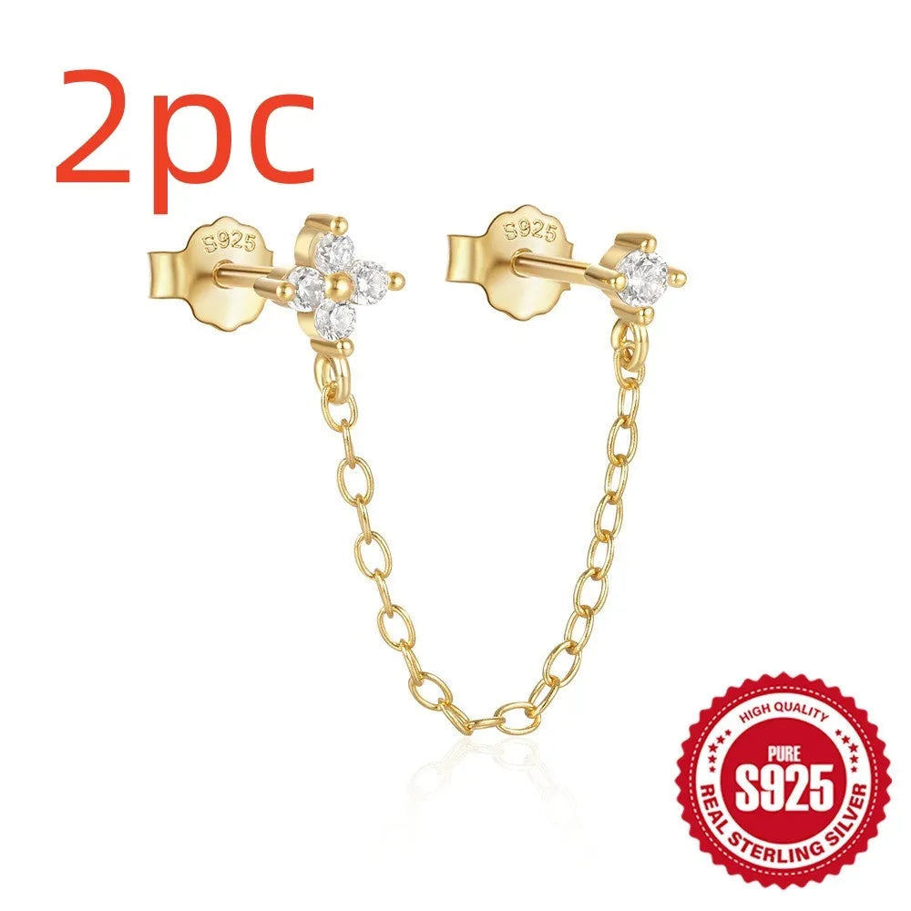 S925 sterling silver geometric ear studs with diamond flower and tassel chain detail in gold colour