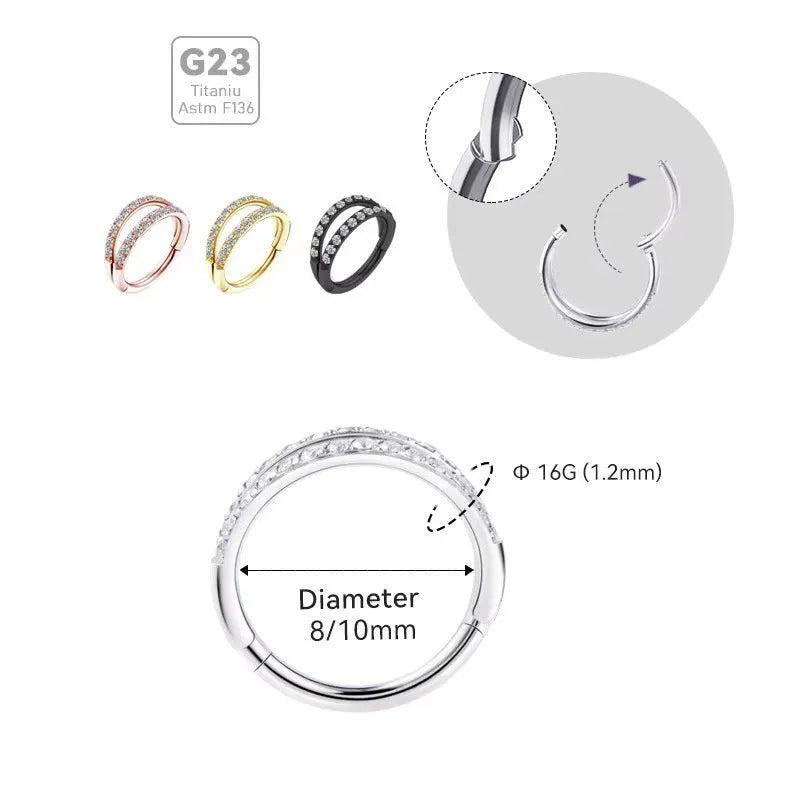G23 titanium alloy puncture-style lip and nose ring in steel colour or gold finish.
