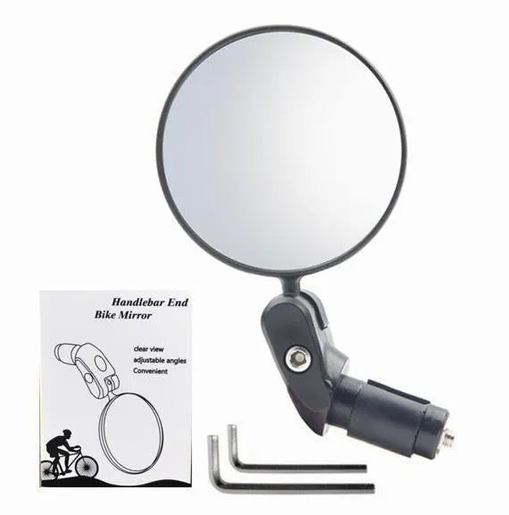 Black foldable convex rearview mirror showing 7cm reflector and 14cm adjustable mounting bracket