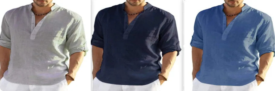 Men's casual cotton linen shirt in solid colour with stand collar and long sleeves