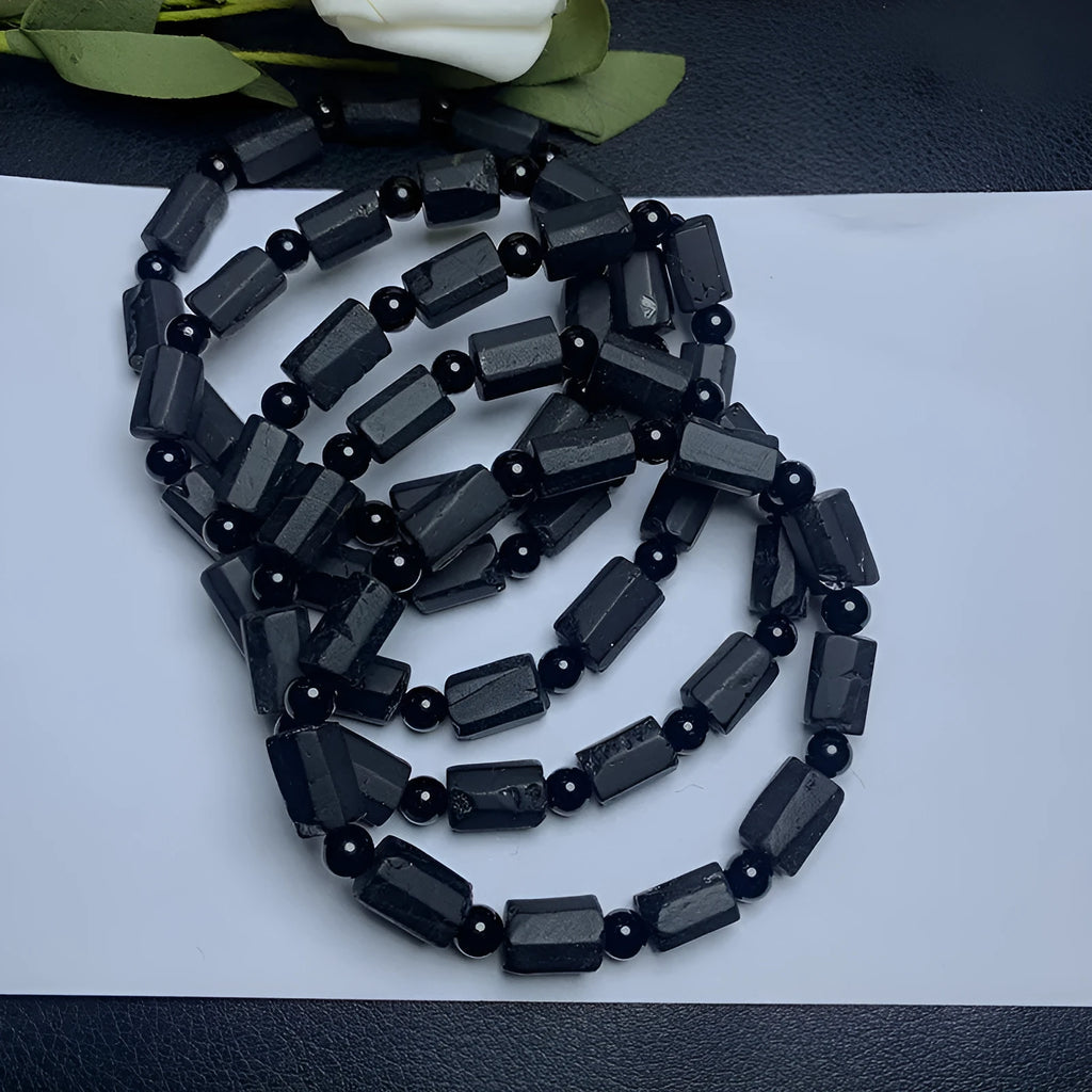 Natural black tourmaline rough stone bracelet unisex 10mm bead size about 8.5mm to 9mm