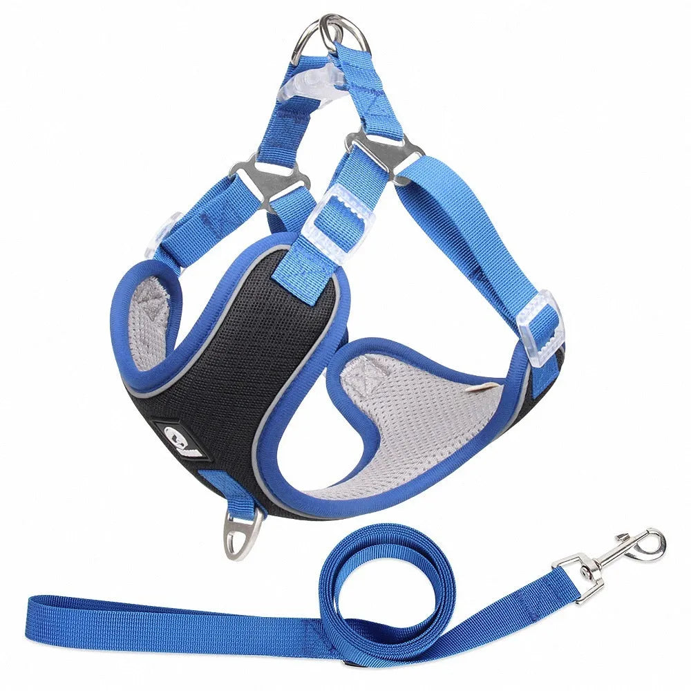 Adjustable mesh dog harness with reflective piping on a small dog, shown in light purple colour