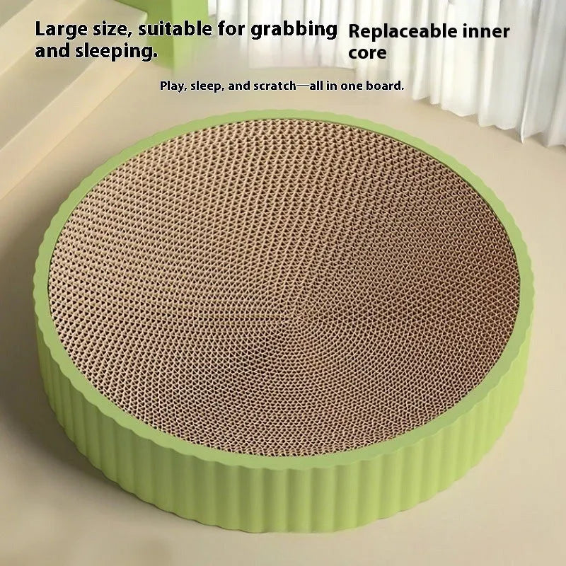 Round green cat scratching board with replaceable corrugated cardboard insert, 55cm diameter