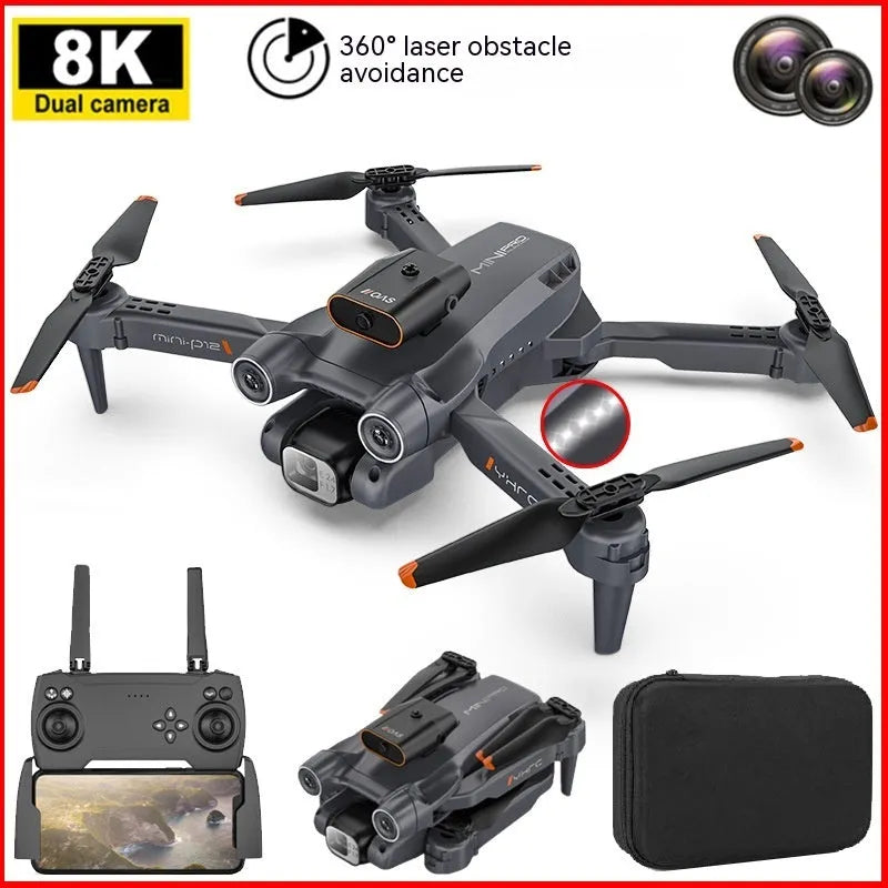Black and orange remote-controlled quadcopter with HD camera folded for transport showing propeller blades and infrared sensors