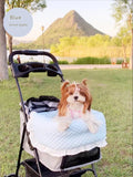 Pure cotton pet stroller set showing removable towel, cushion, and pillow in a floral pattern.