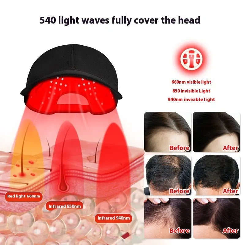 Black infrared peaked cap hair growth device with 180 LED lights and controller