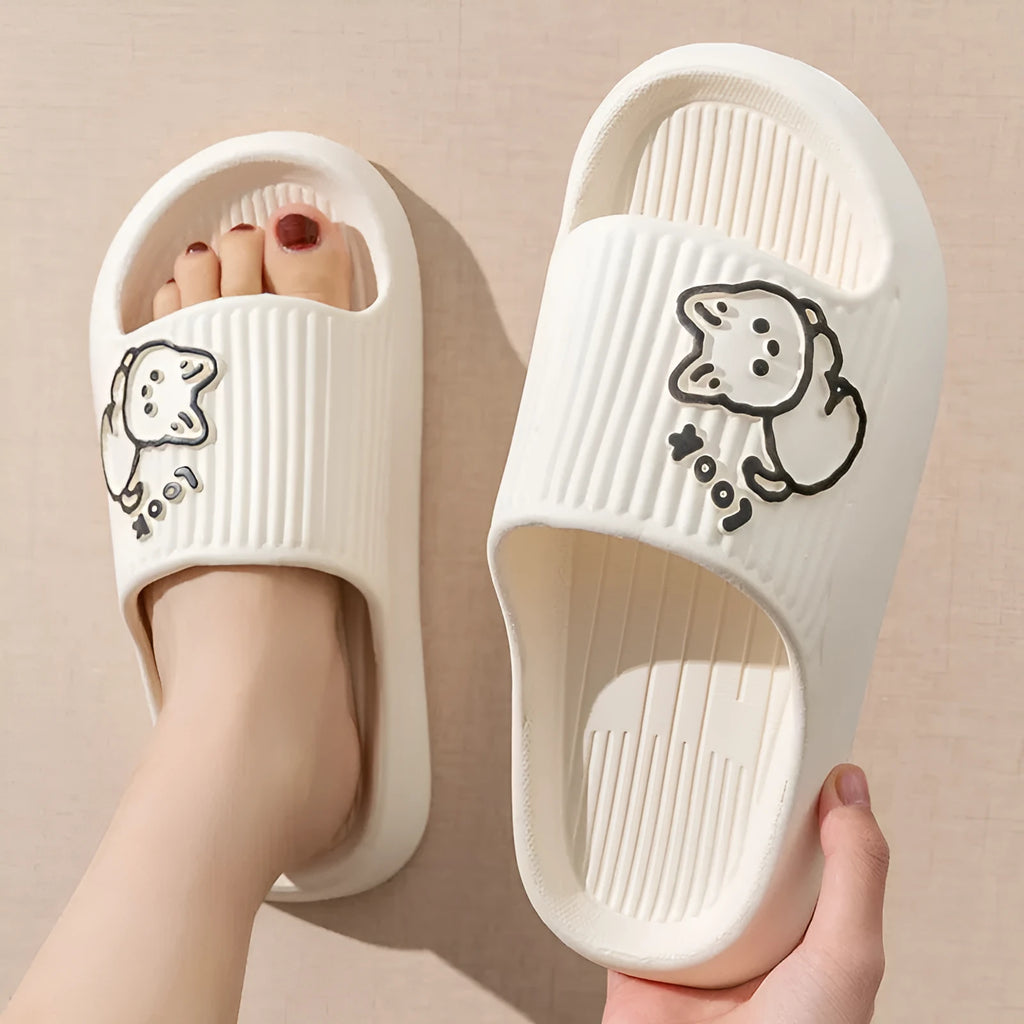 Women's green EVA flip-flop slippers with cute cat design and thick platform sole.