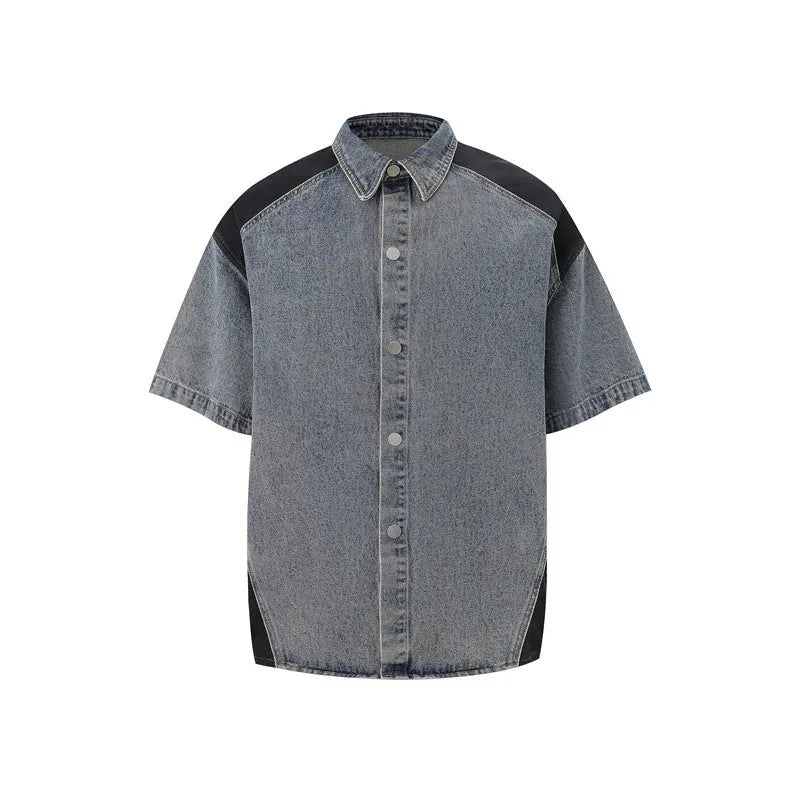 Retro washed denim jacket and shorts set in blue polyvinyl alcohol fibre fabric for summer streetwear