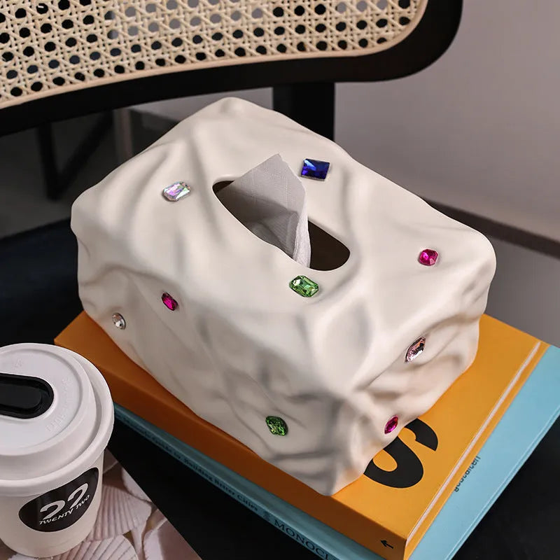 Light luxury ceramic tissue box with gem party design in matte coconut milk white finish