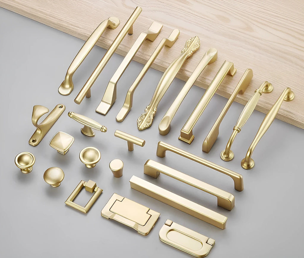 Gold aluminium alloy single-hole cabinet handle with T-shape design.