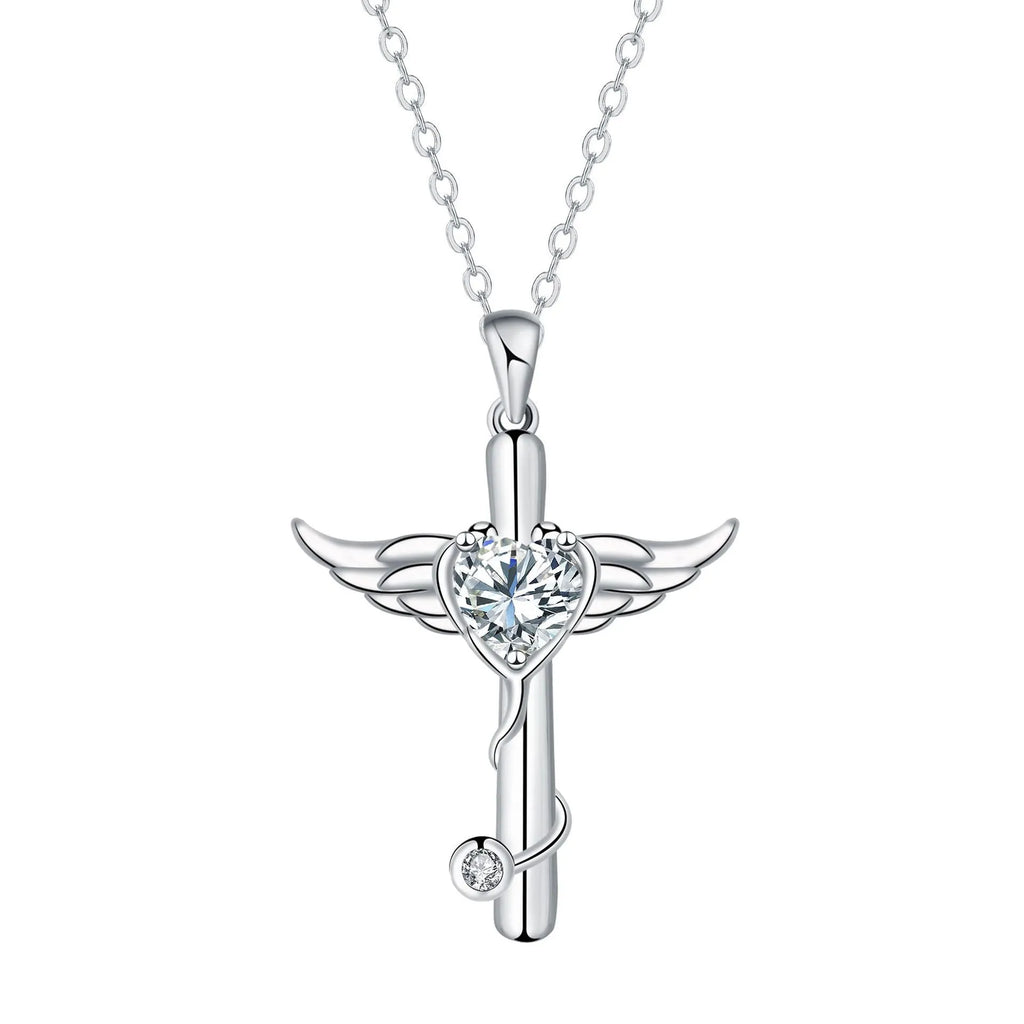 Wings cross stethoscope pendant necklace in copper with electroplated white or red diamond finish.