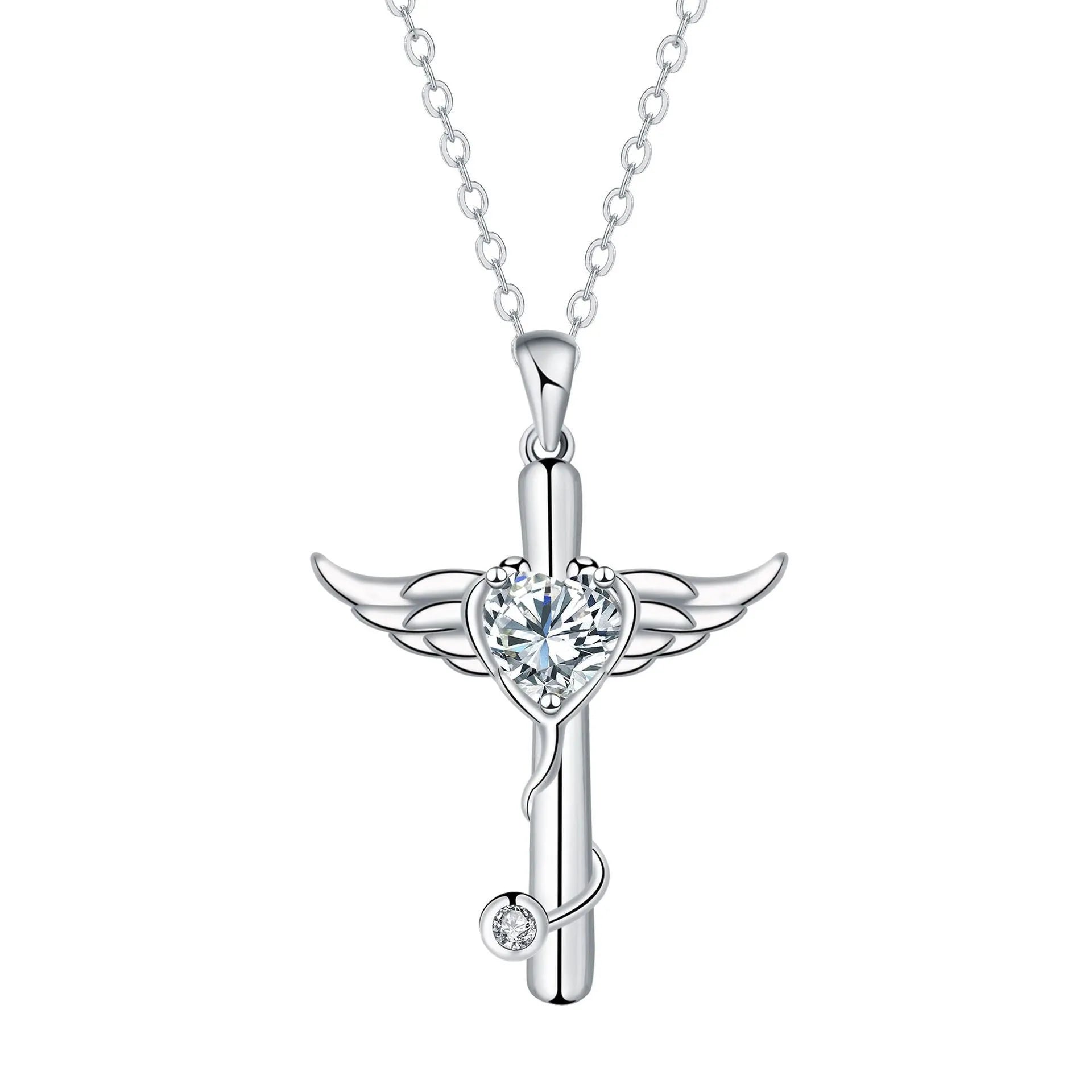 Wings cross stethoscope pendant necklace in copper with electroplated white or red diamond finish.
