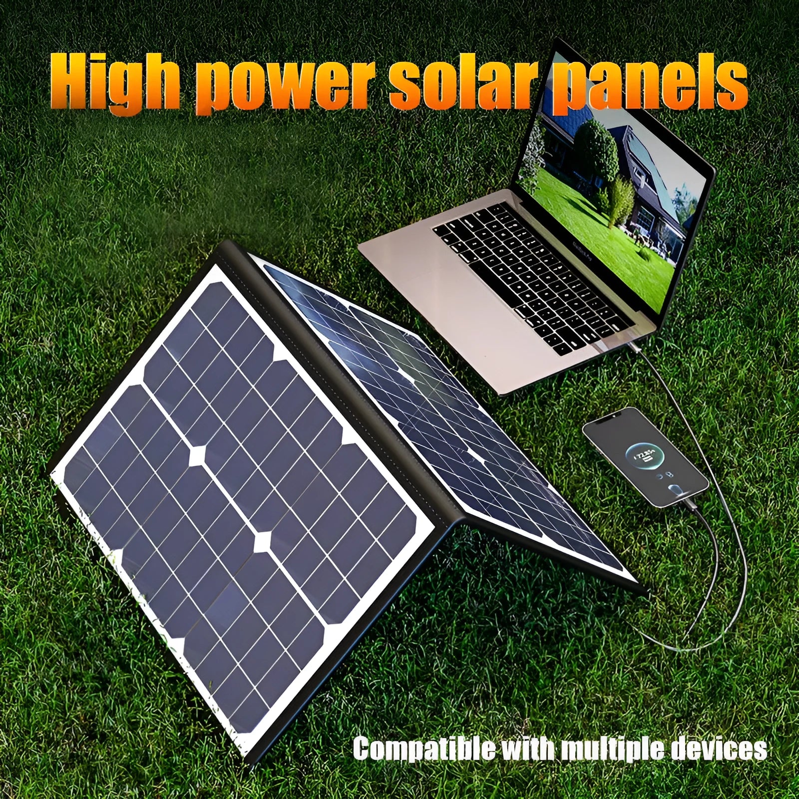 Black folding bag solar panel with 40W power rating, shown folded to compact size.