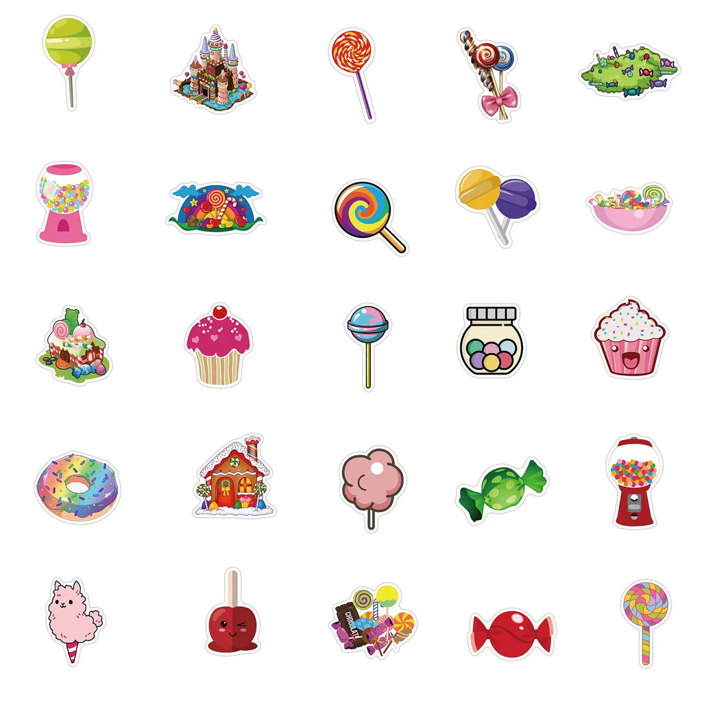 Pack of 50 colourful candy graffiti and cartoon stickers scattered on a surface, each measuring 4-6 cm.