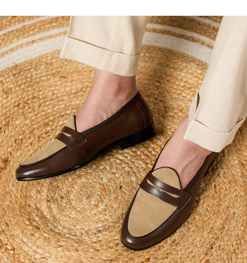 Coffee grey suede leather British-style slip-on loafers with rubber sole