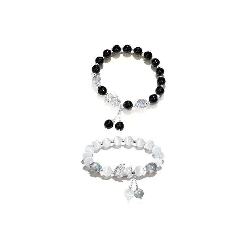 Natural black agate and opal 10mm wave shaped bracelet in gray, couple style handcrafted