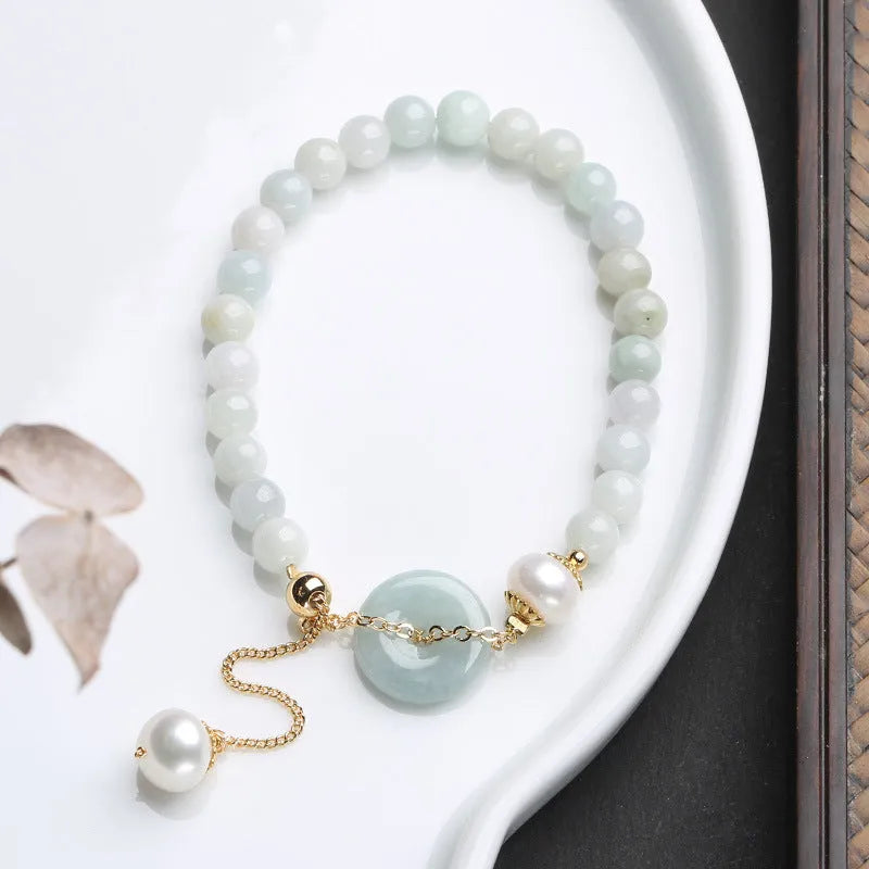 Handmade jade bracelet for women with natural emerald peace buckle and round pendant