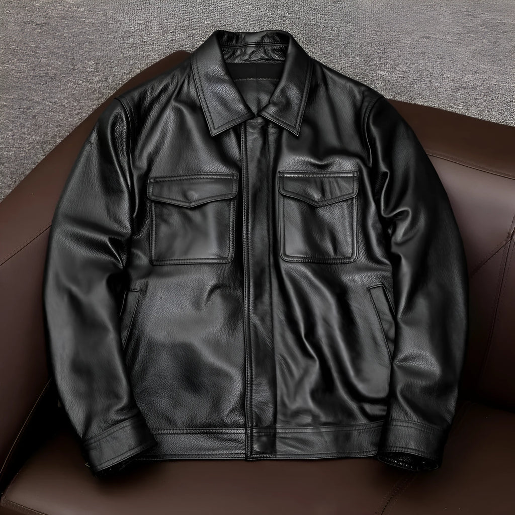 Men's black retro Kaji style lapel-collar PU leather jacket with side pockets, shown on a model.