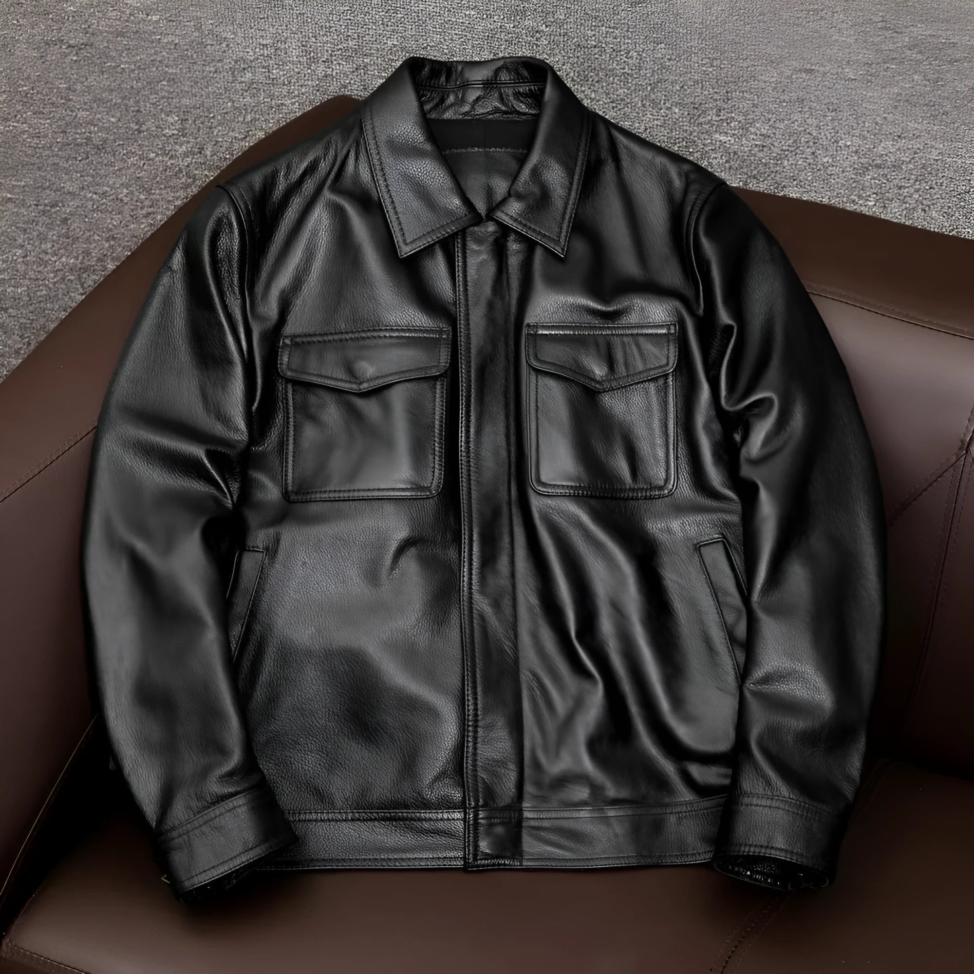Men's black retro Kaji style lapel-collar PU leather jacket with side pockets, shown on a model.