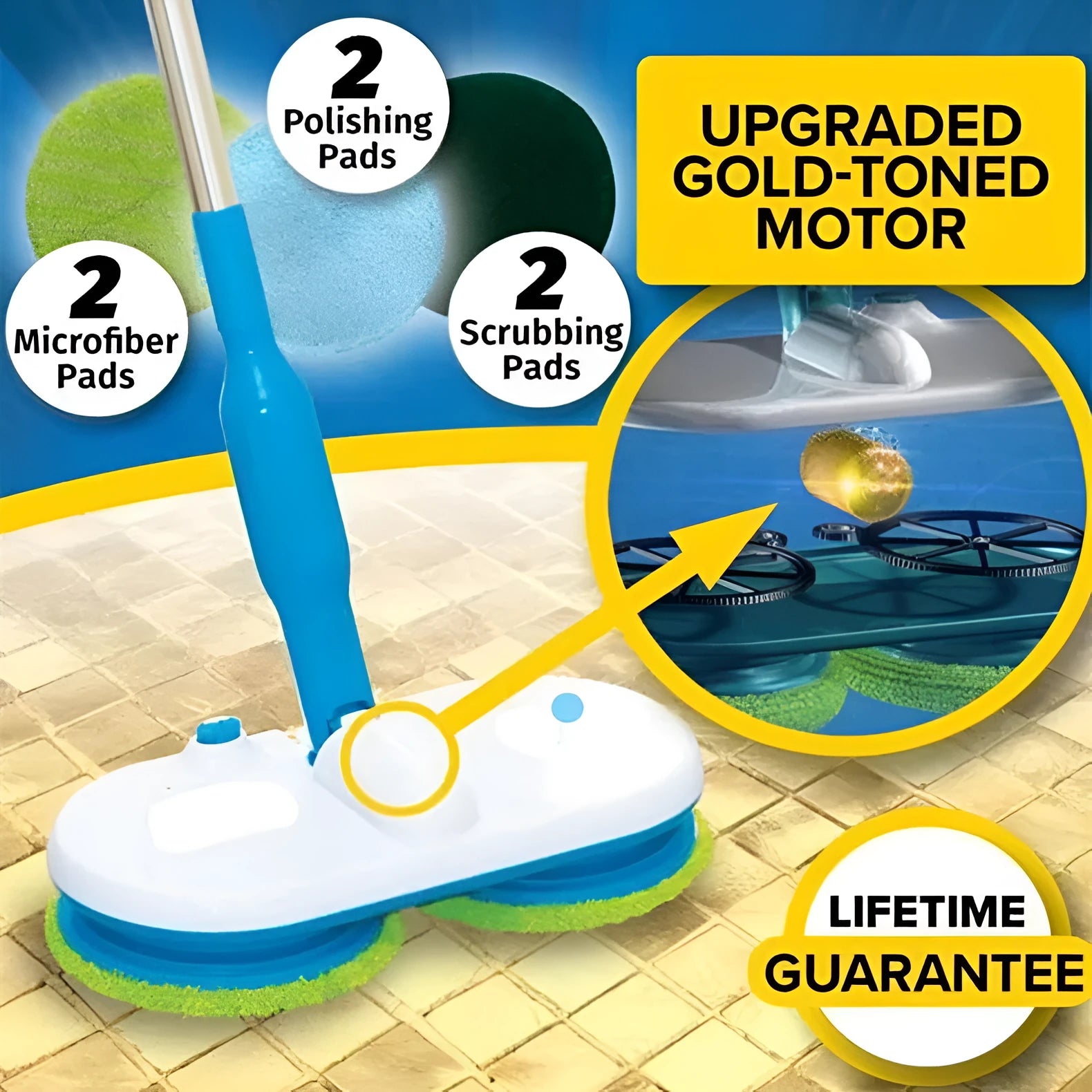 Hand-held wireless electric mop with USB charging, automatic floor wiping, and three interchangeable cleaning pads