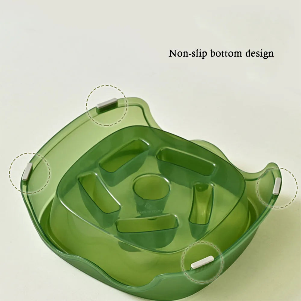 Dog slow feeder bowl with anti-choking maze pattern in BPA-free plastic available in four colours