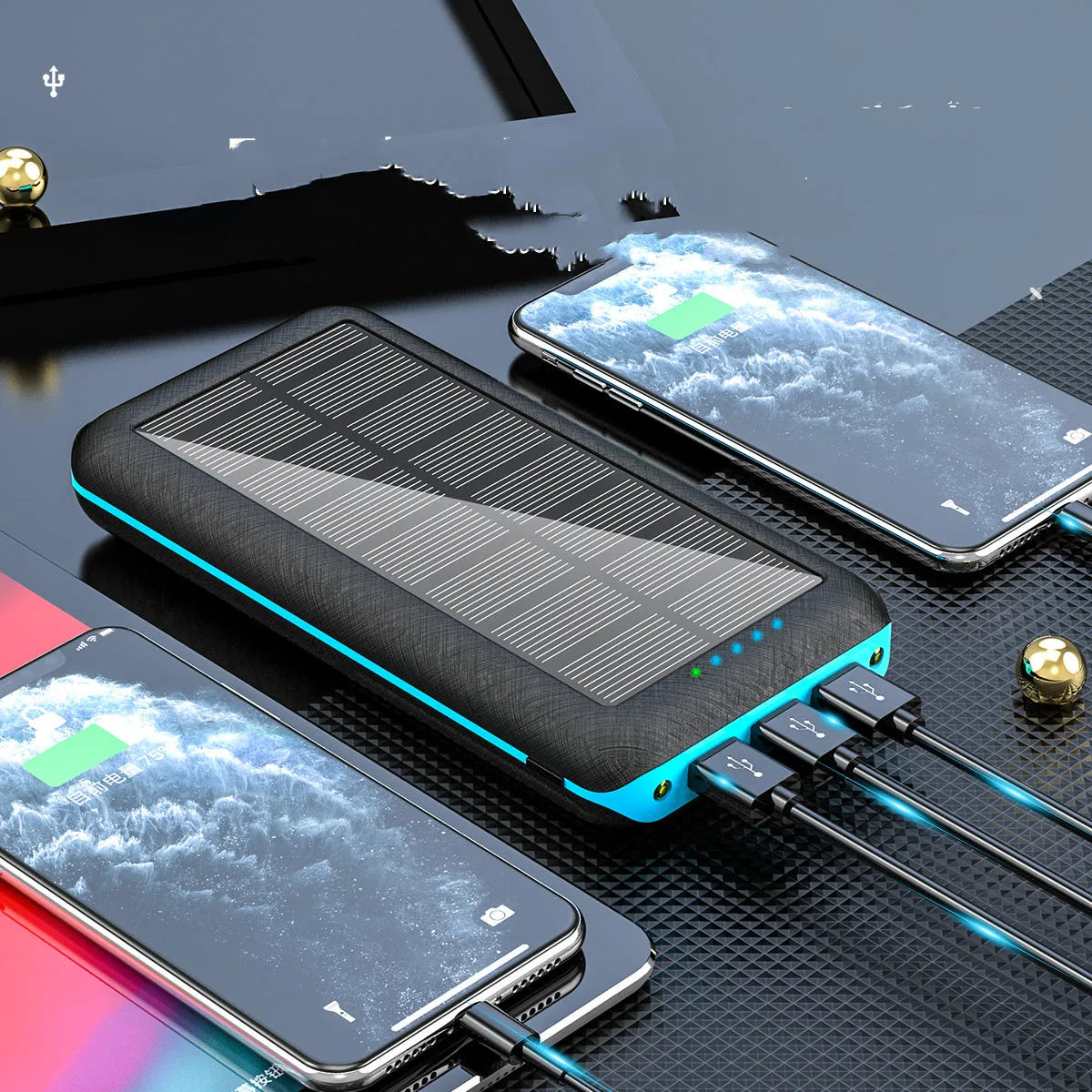 Qi wireless solar power bank with 3 USB outputs and LED flashlight in black plastic shell