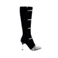 Grey and black women's knee-high stiletto heel boots with a velvet lining.