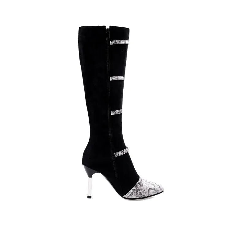 Grey and black women's knee-high stiletto heel boots with a velvet lining.
