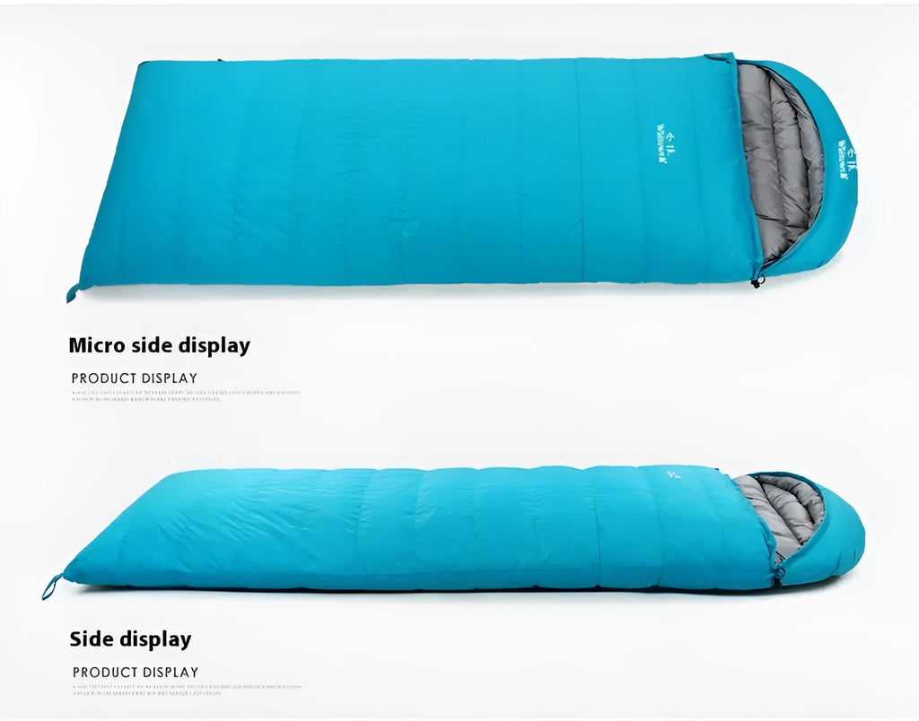 Black adult outdoor sleeping bag with white goose down filler and envelope design.