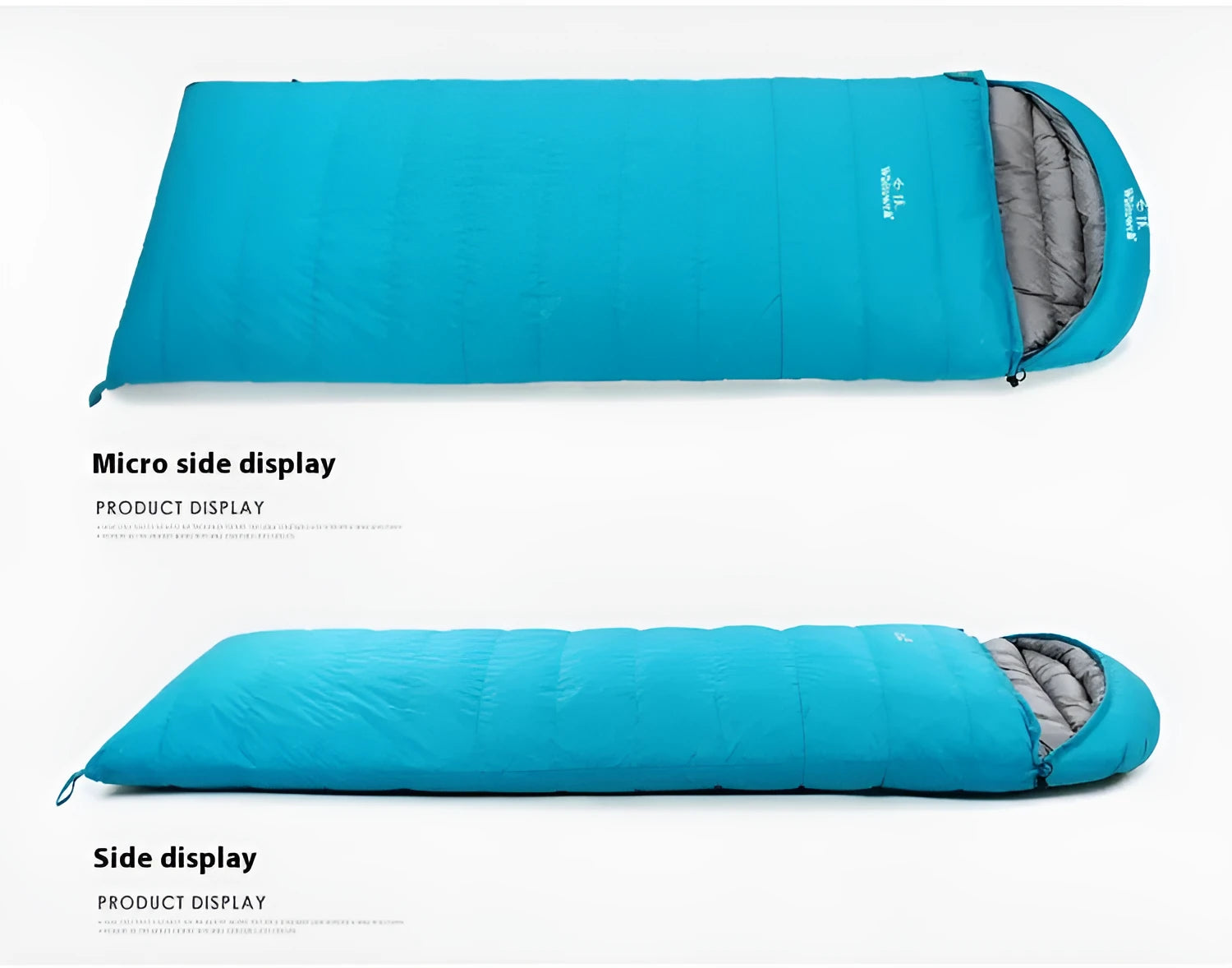 Black adult outdoor sleeping bag with white goose down filler and envelope design.