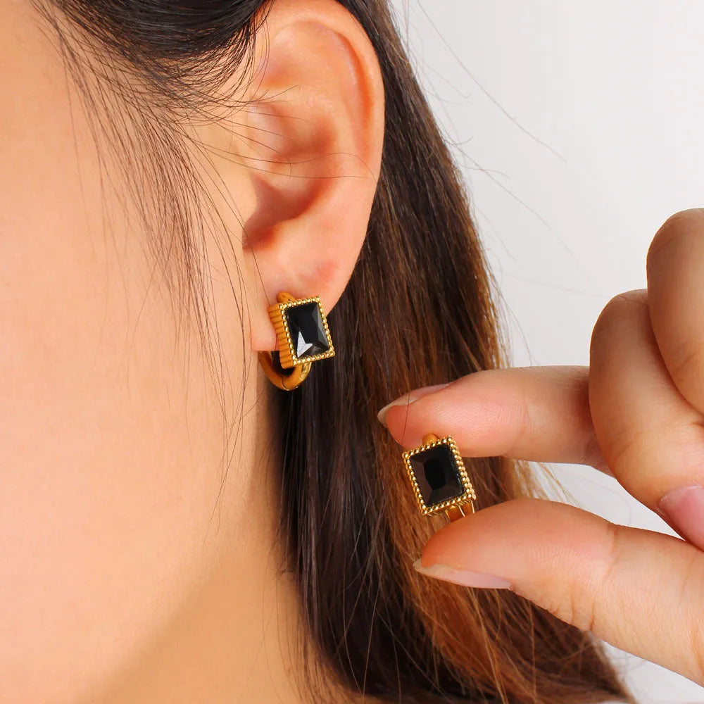 Square zircon stainless steel earrings in geometric design, available in white, black, or green electroplated colours.