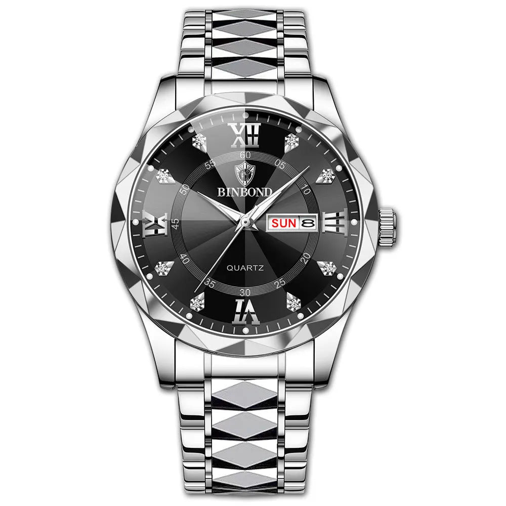 Men's quartz watch with luminous dual calendar display, 43mm metal case, and steel band on a white background