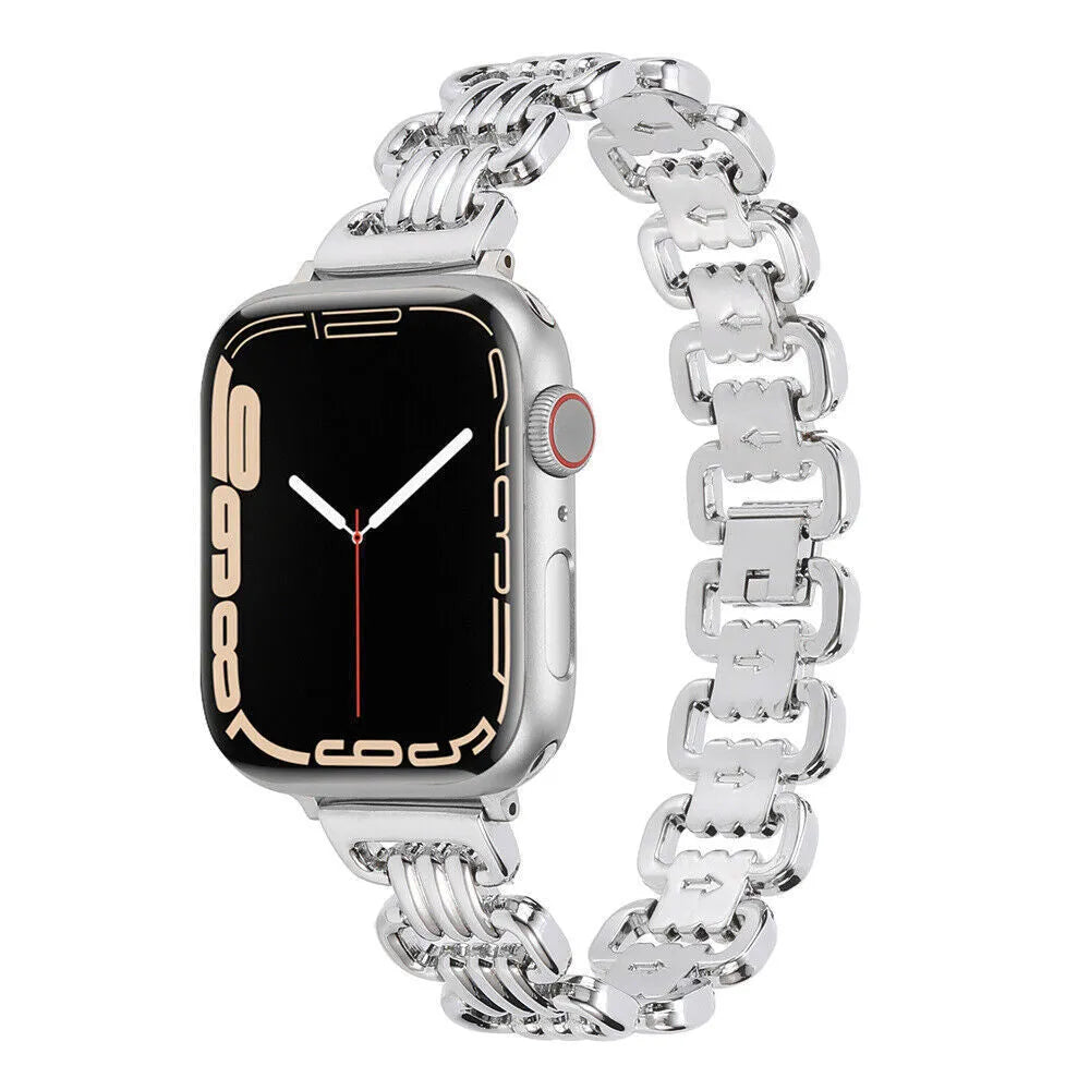 Alloy metal Apple Watch replacement bracelet in silver, black, gold, rose gold, and Starlight colours