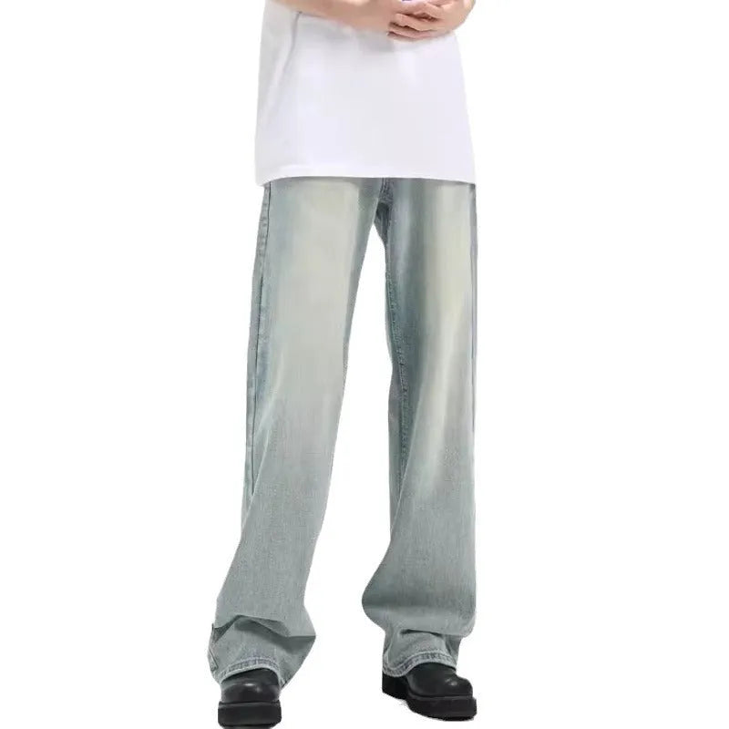 Blue retro trousers with loose casual fit and elastic waistband made from rabbit fur fabric