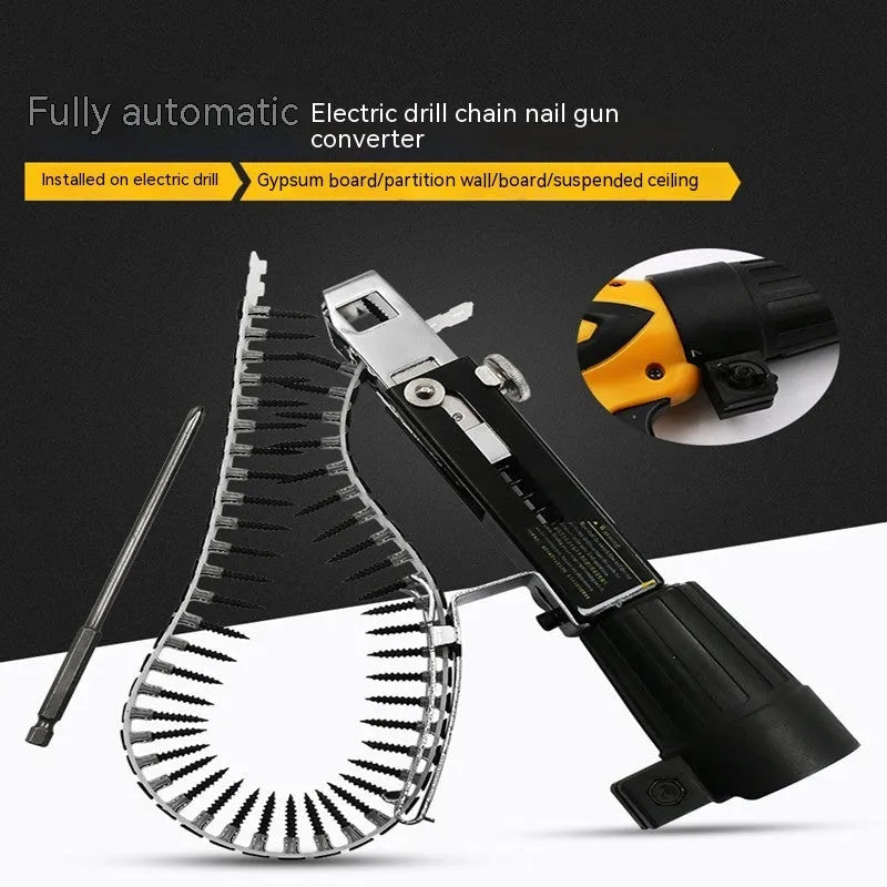 Chain screw gun head kit with metal attachment, chain strap, cross head tips, and plastic gun rack
