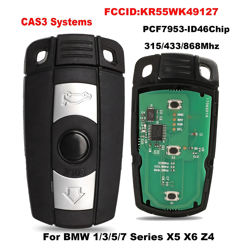 Set of three black BMW CAS3 semi-intelligent remote control car keys on a white background.