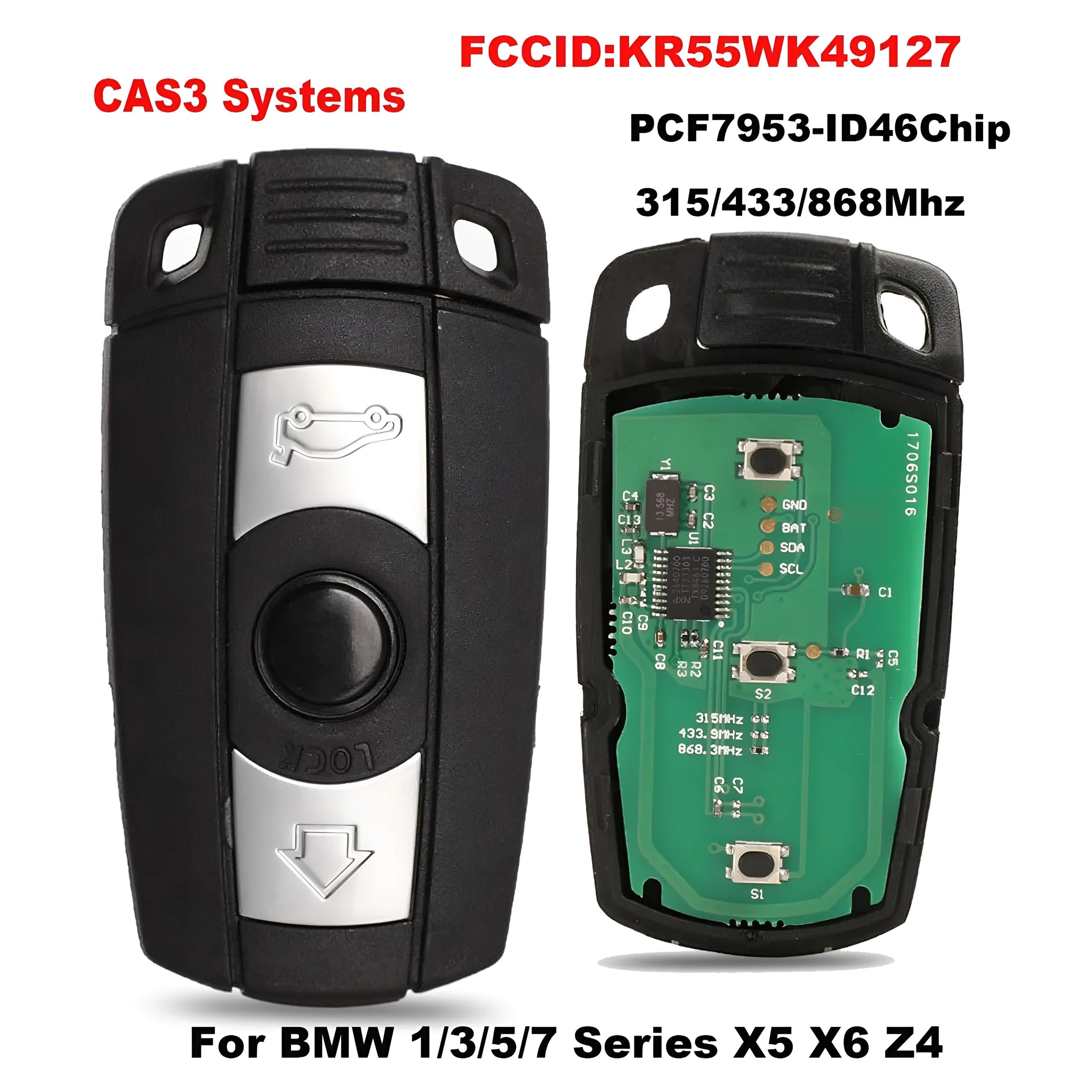 Set of three black BMW CAS3 semi-intelligent remote control car keys on a white background.