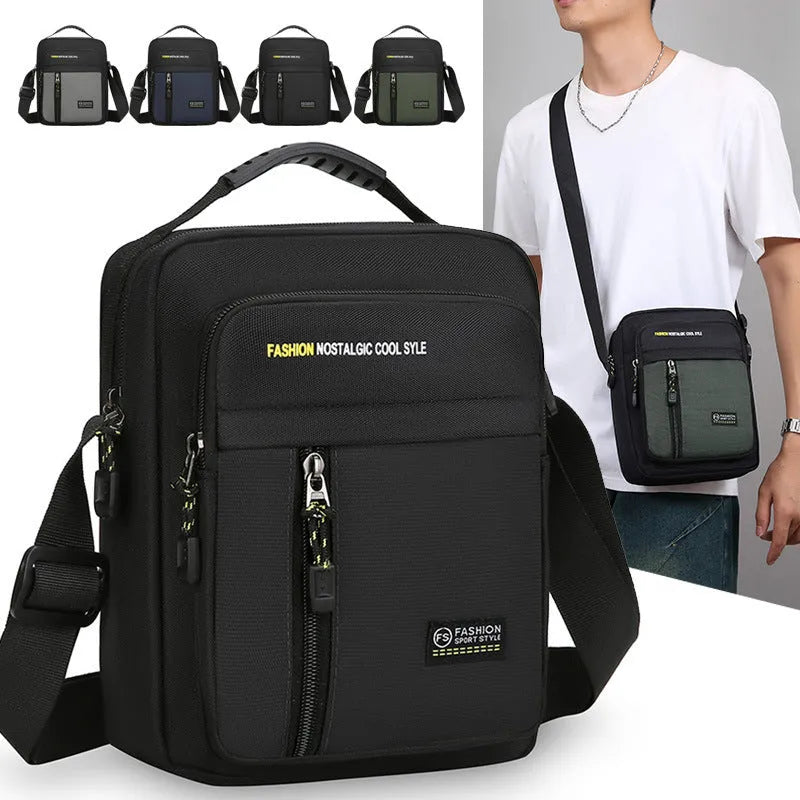 Men's nylon crossbody messenger bag in green showing shoulder strap and sewing thread detailing