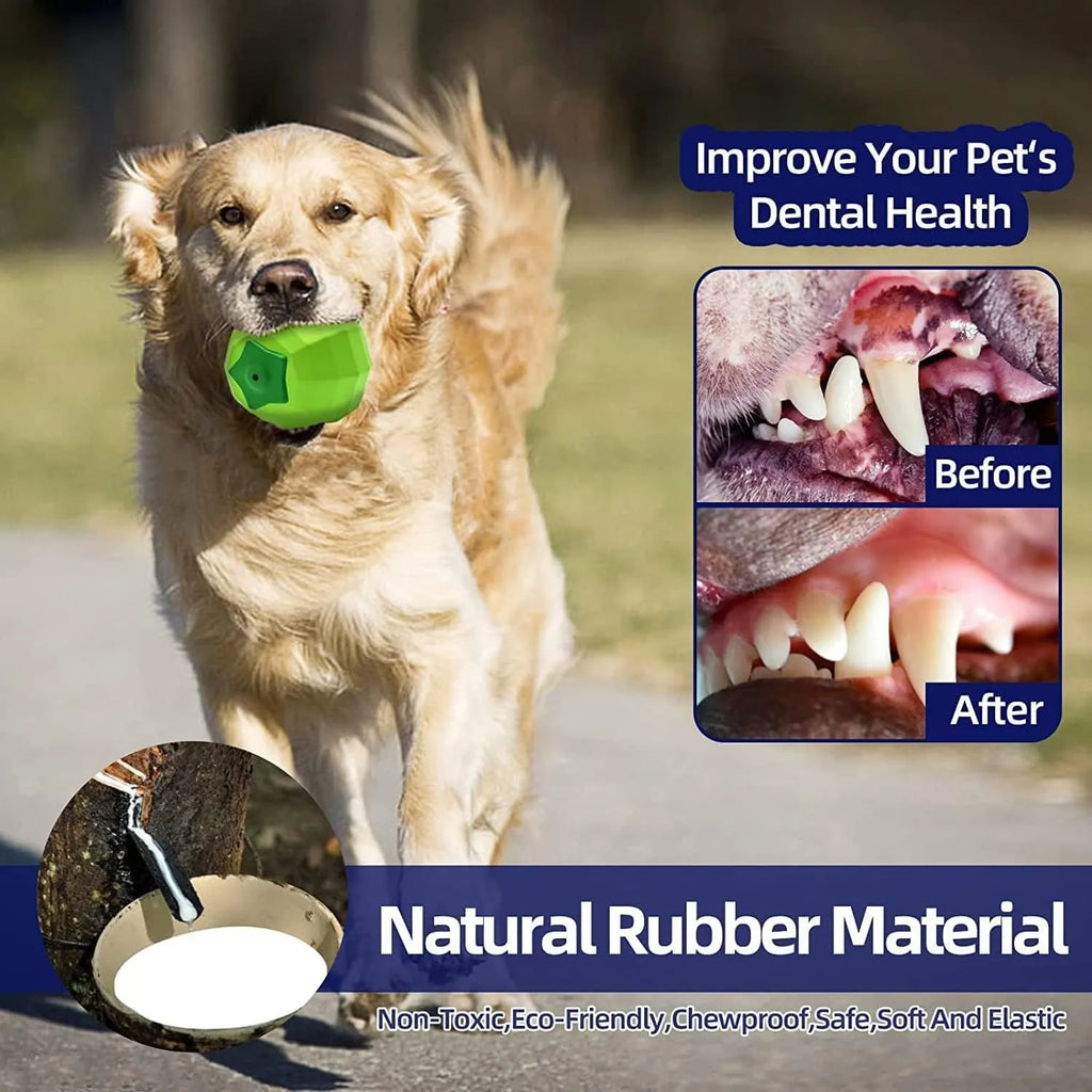 Green natural rubber squeaky dog chew ball for large dogs on a white background.