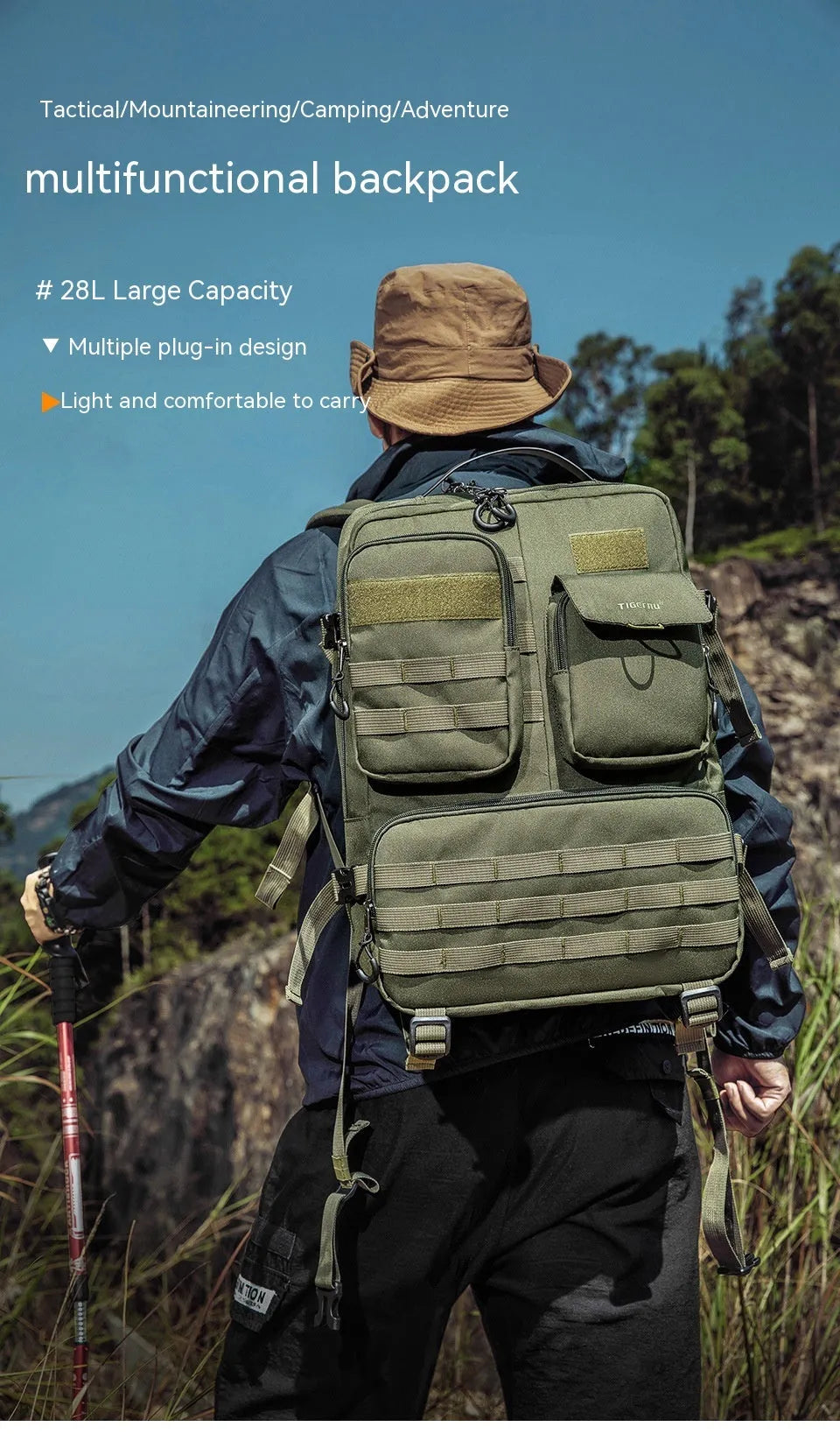 Army green tactical backpack with waterproof nylon construction and 17-inch size