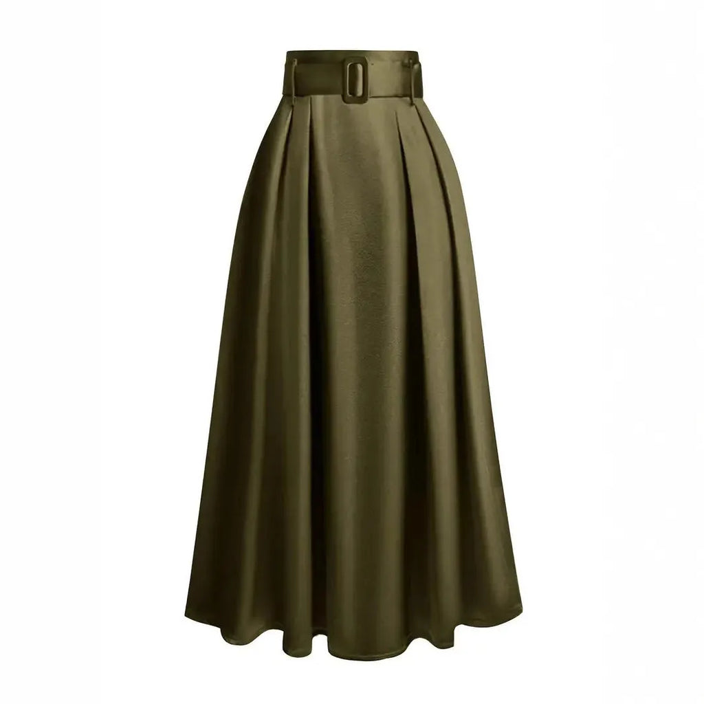 Women's high waist pure colour satin lace-up skirt in black polyester fabric, front view