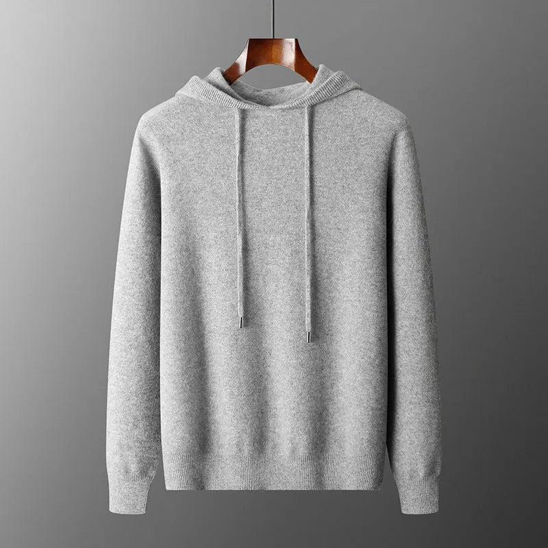 Men's light gray cashmere hooded sweatshirt and matching track pants laid flat.