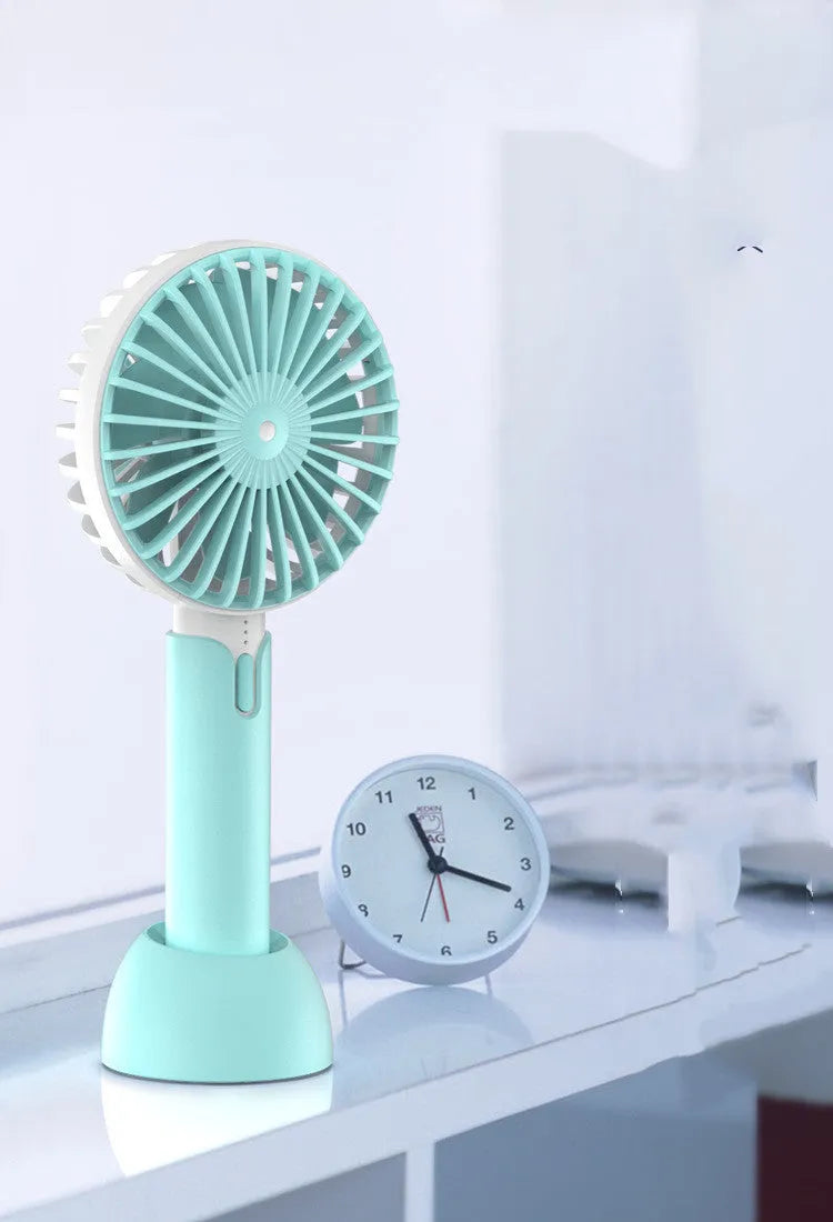 Blue handheld mini USB electric fan with three speed controls and oscillating head
